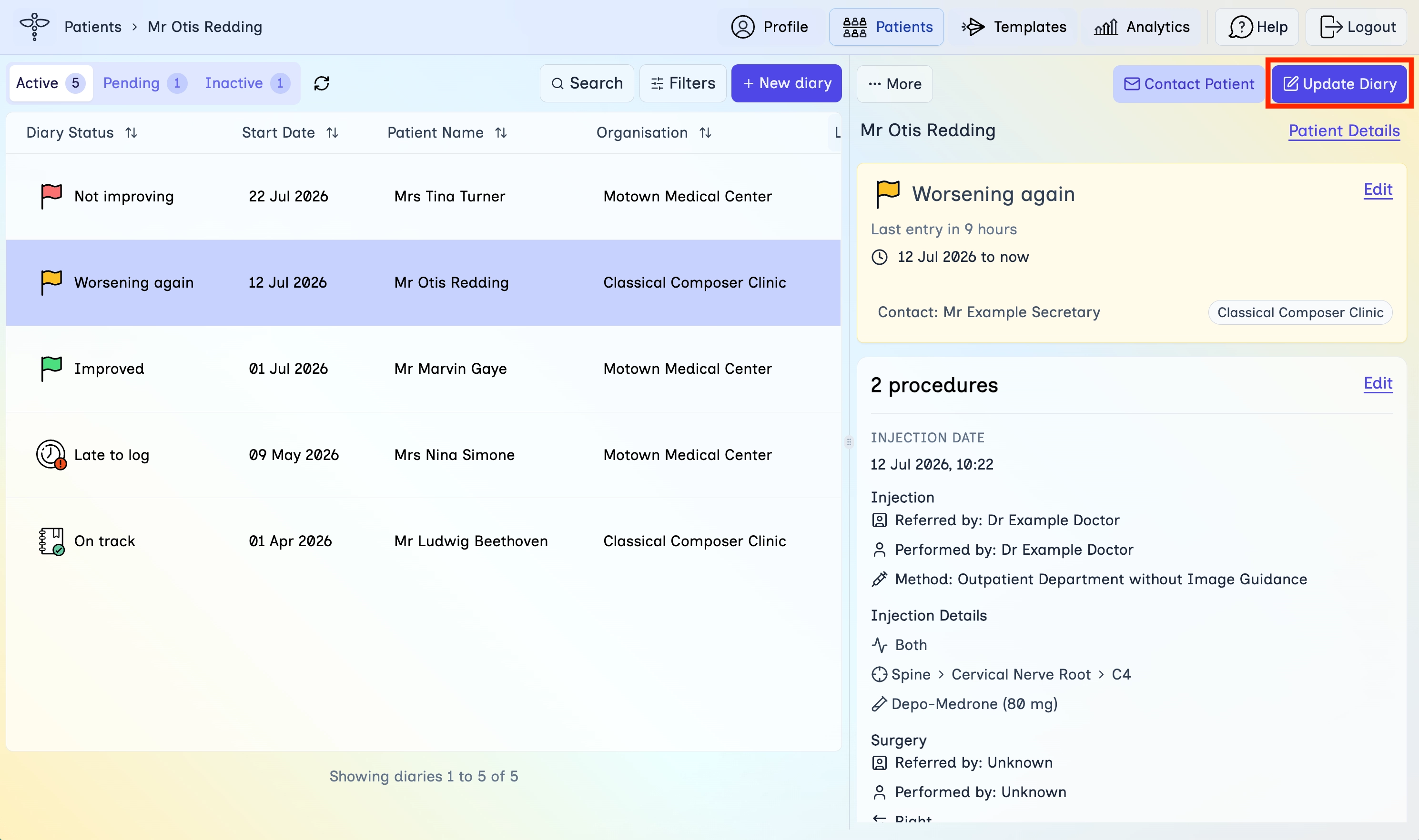 Patients page with an active diary selected and Update Diary highlighted
