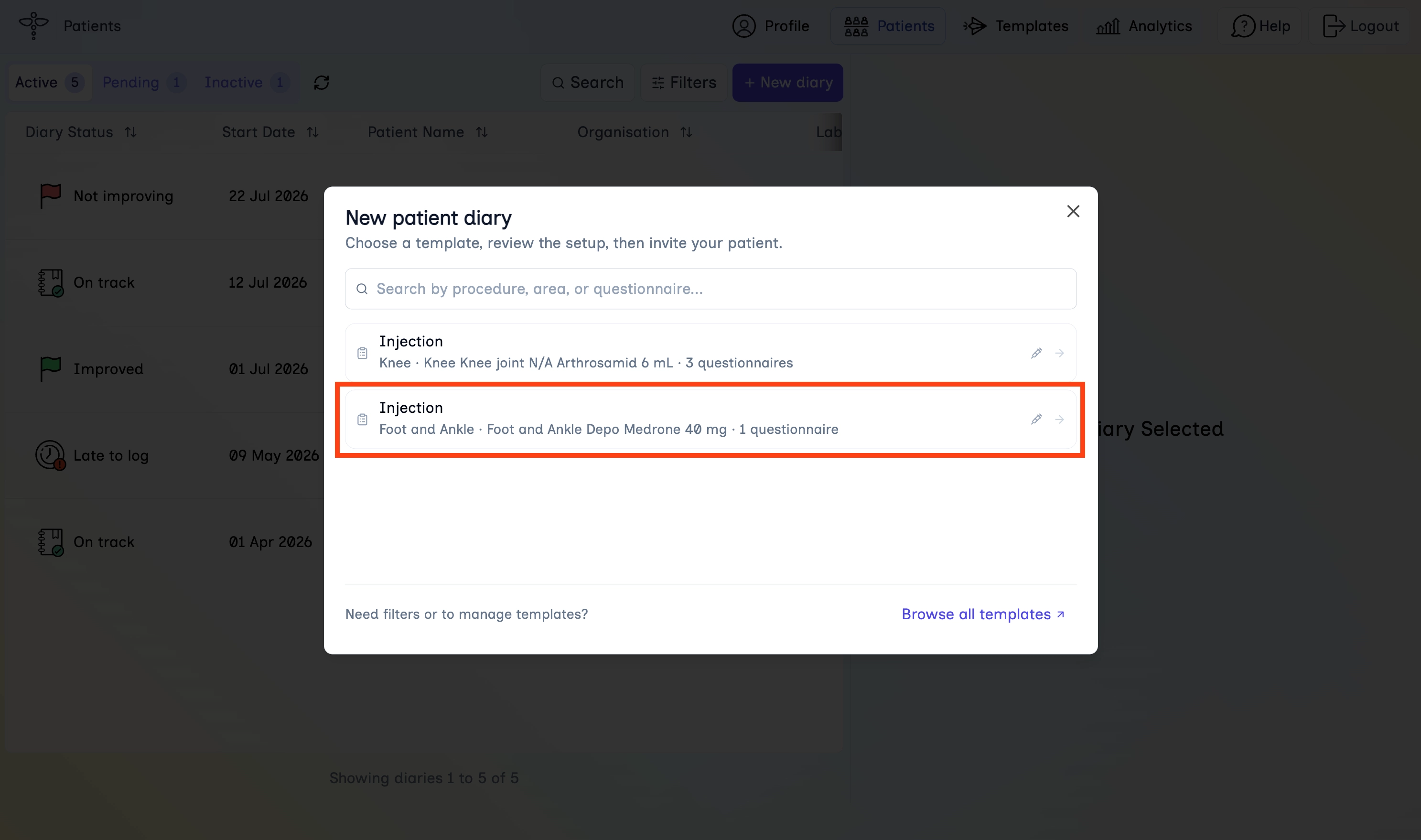 New patient diary dialog with a template selected