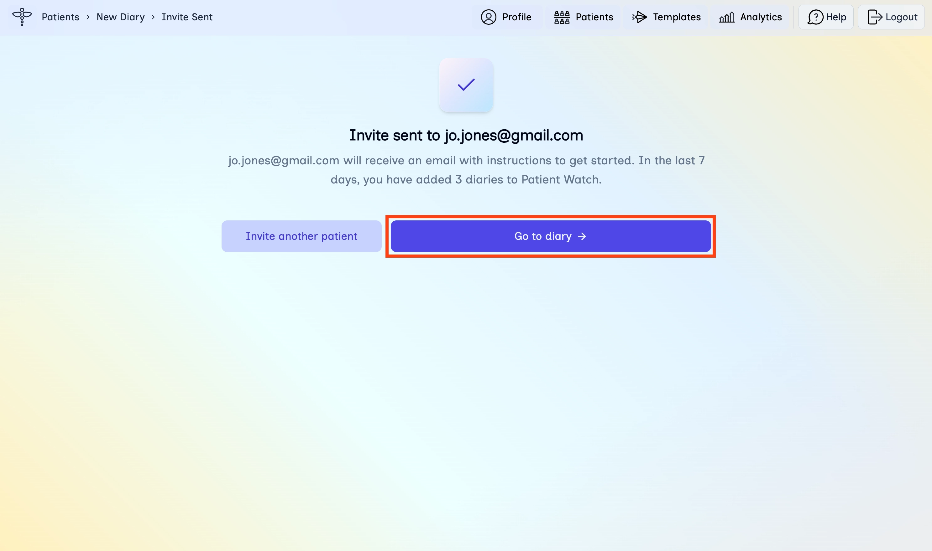 Invite sent confirmation with Go to diary highlighted