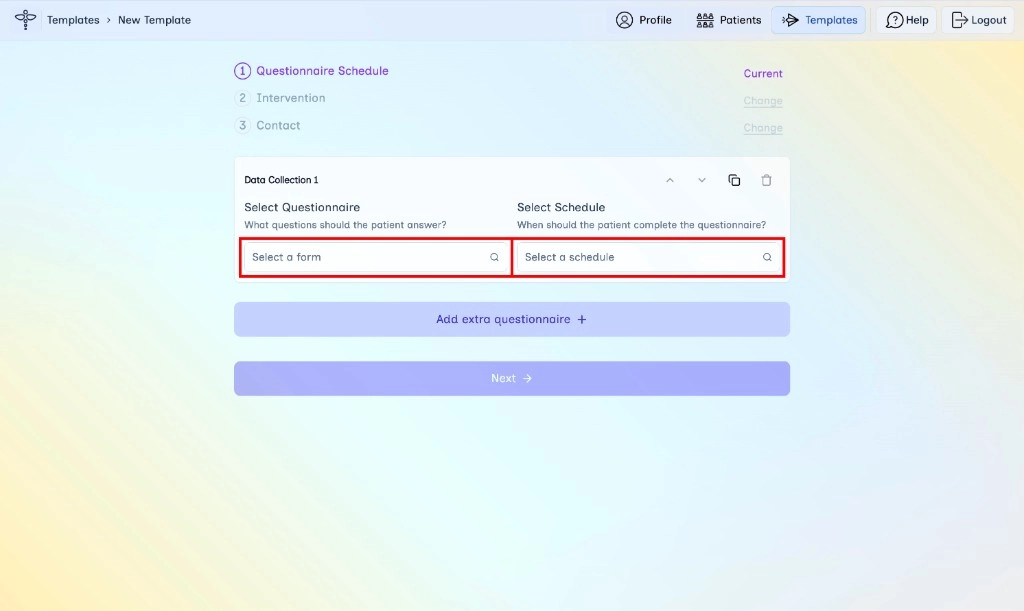 Questionnaire Schedule step with questionnaire and schedule fields