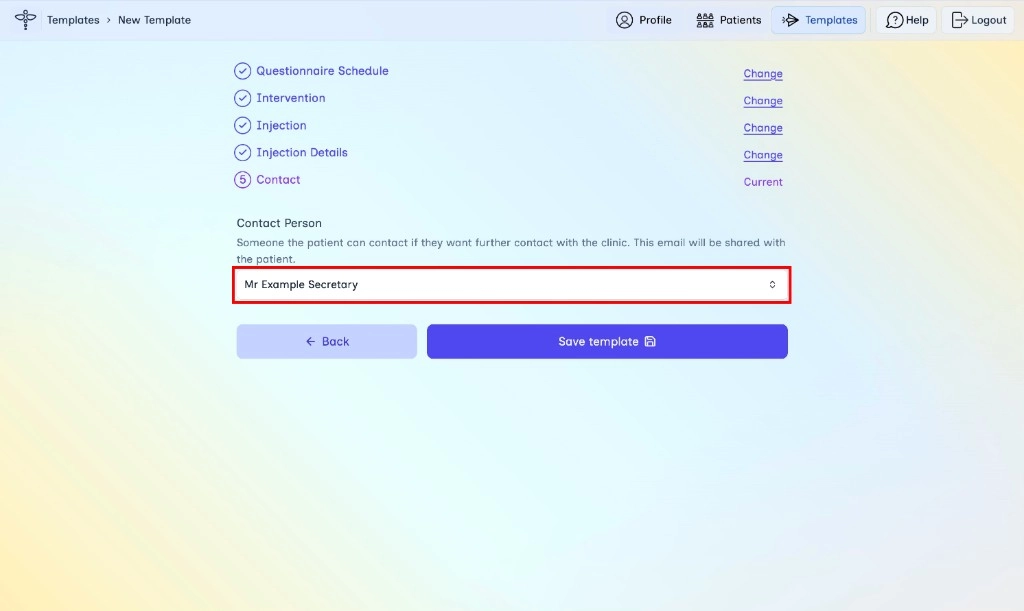 Contact step with Contact Person selected and Save template button